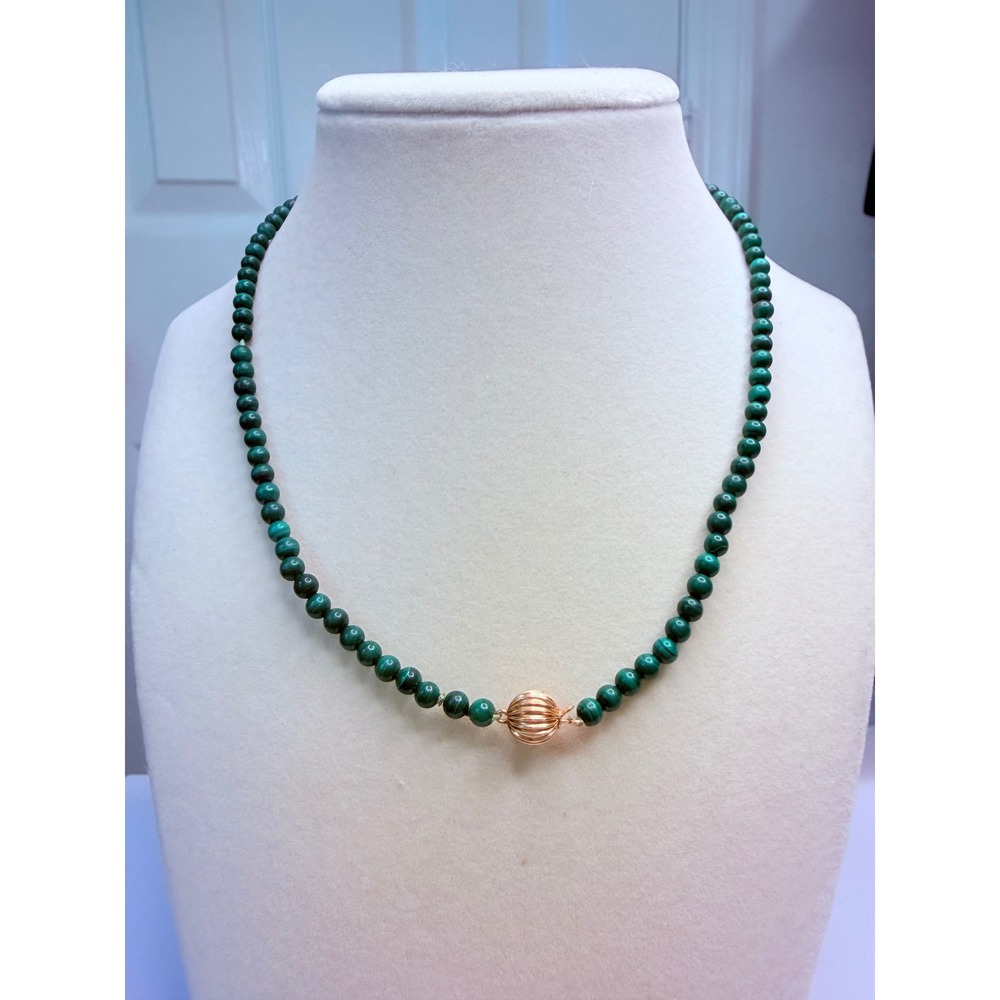 Vintage Malachite Bead Necklace 16" 14K Yellow Gold Clasp Estate Jewelry